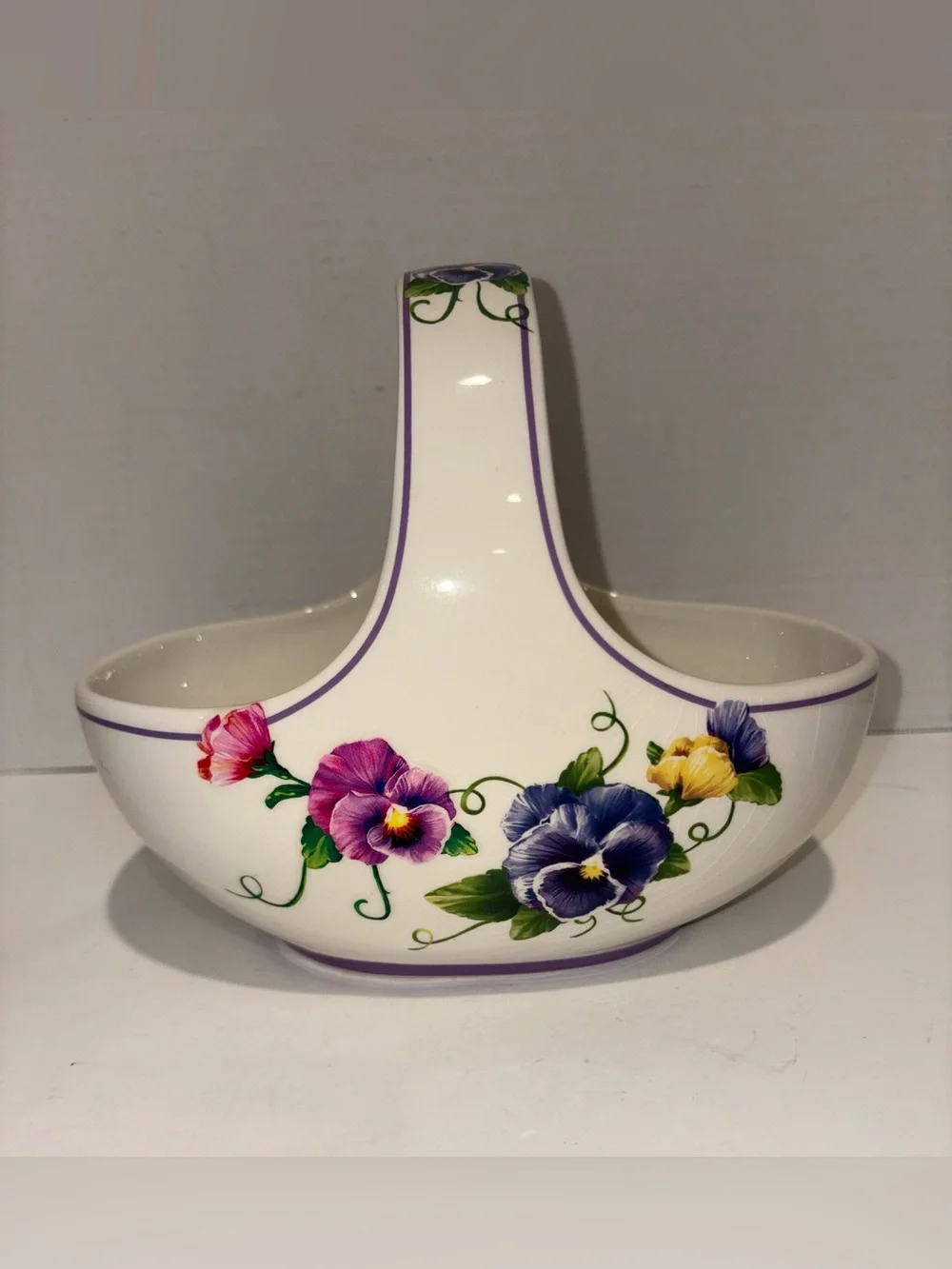 Hand-Painted Floral Ceramic Basket — White with Multicolor Pansies- Vintage